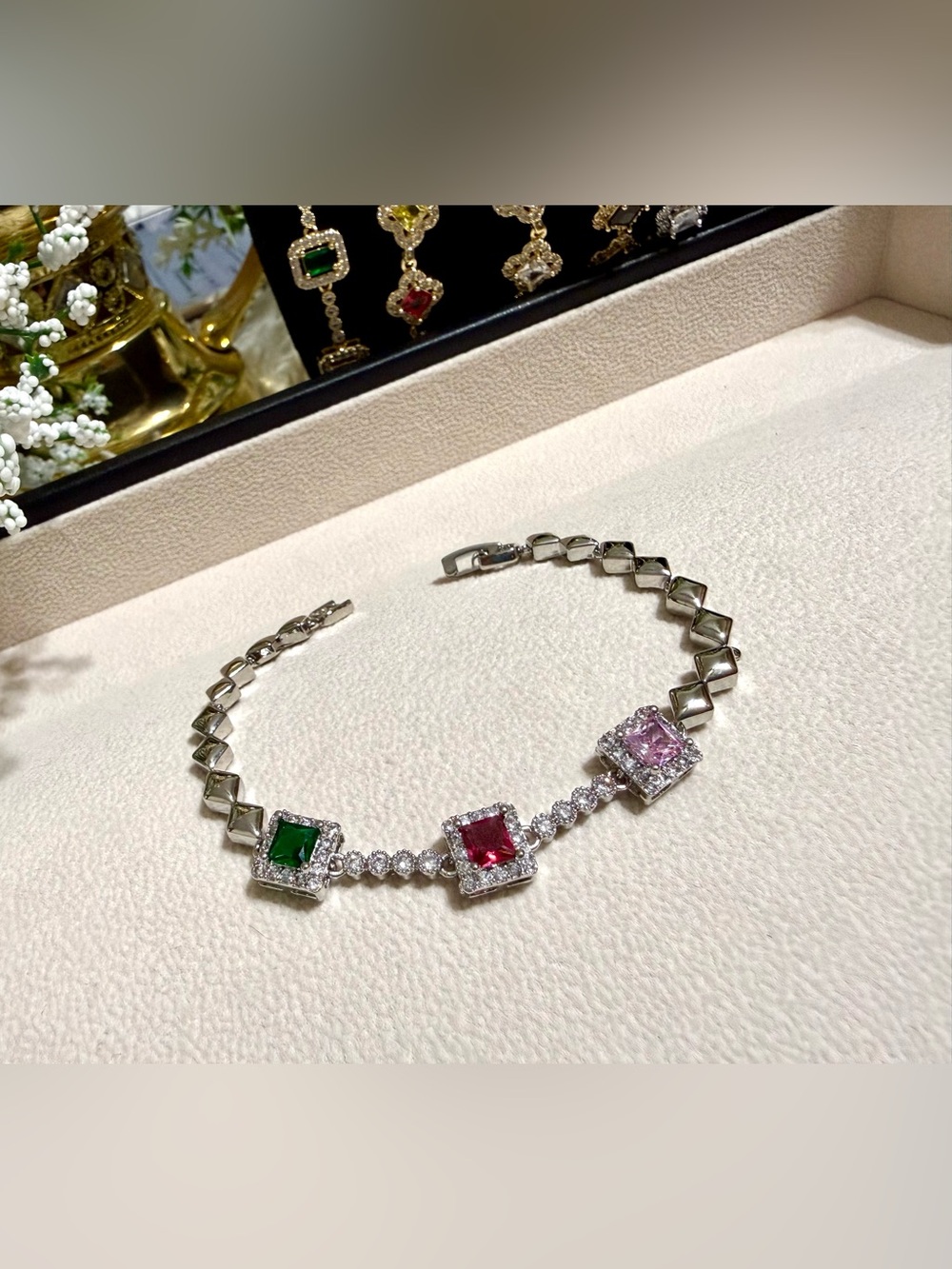 AAA zirconia Multicolor Gemstone Tennis Bracelet - Green, Red, Pink